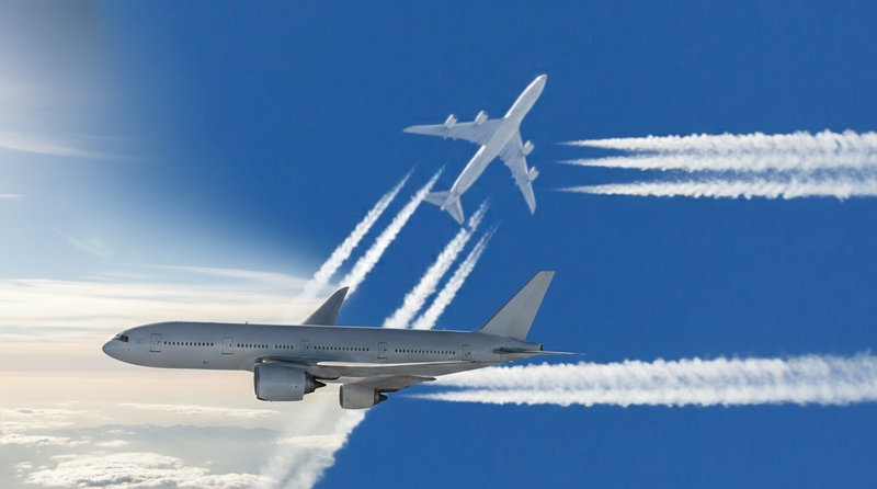 Two airplanes flying in the sky with contrails against a blue sky.